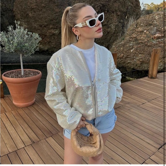 ZARA NEW WOMAN SEQUIN BOMBER JACKET CREAM S 2451/003/000/043 - Picture 7 of 12